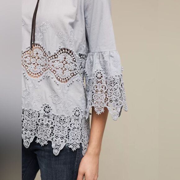 Anthropologie TYLHO Elodie Embroidered Lace Tunic Blouse Blue Size S - Picture 3 of 12